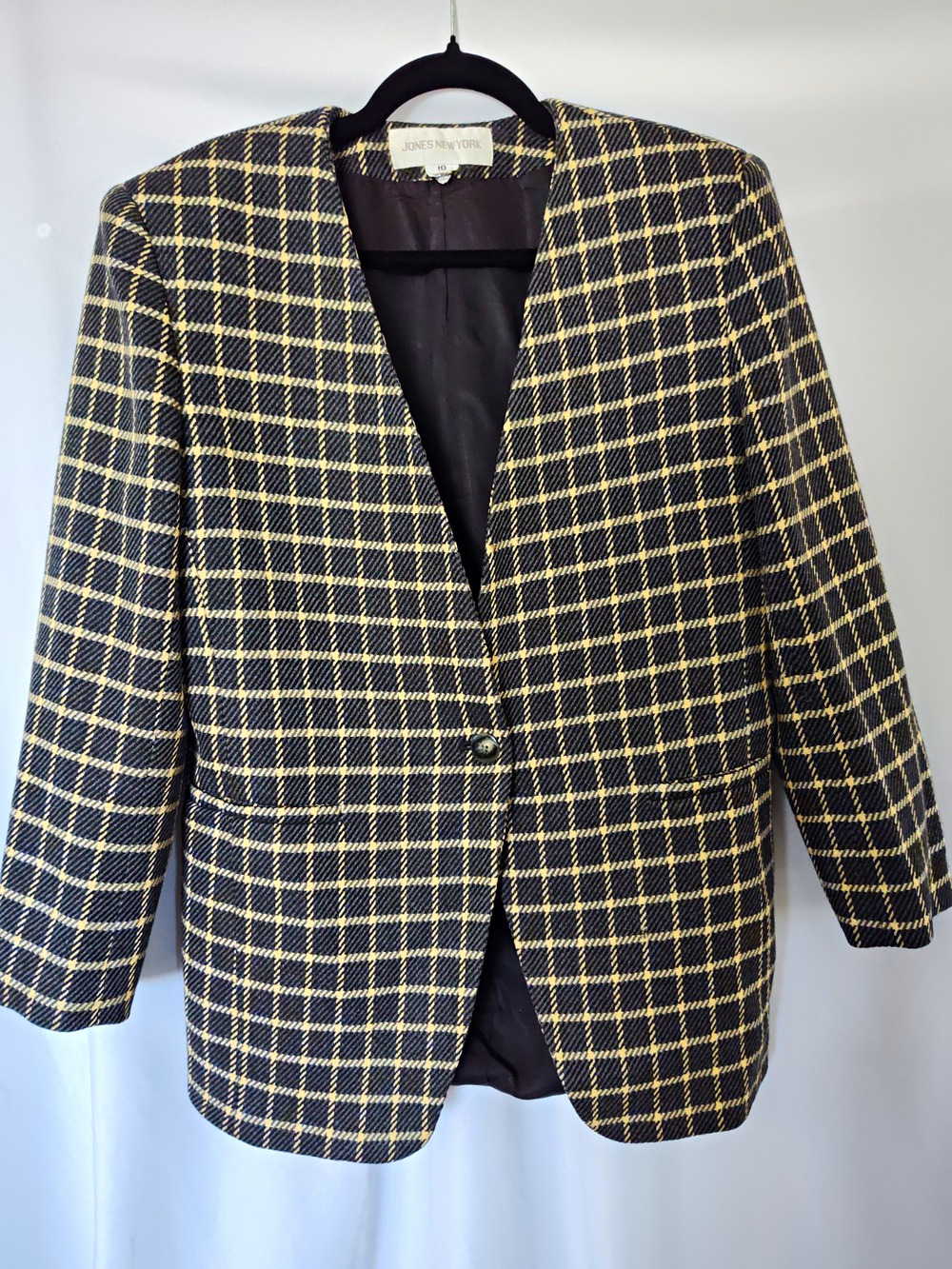 Jones New York Black & Beige Plaid Wool Lined Button Blazer Jacket Pockets 10